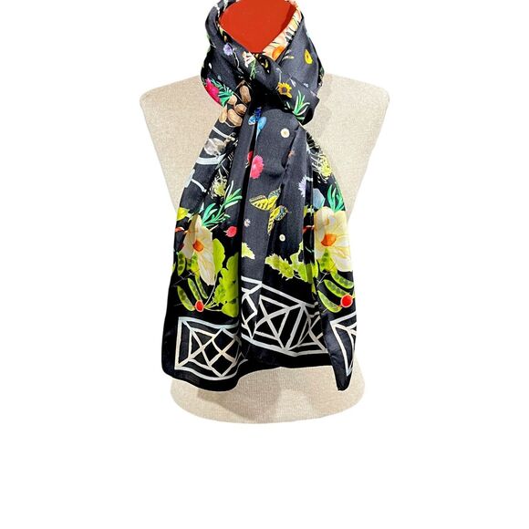 Monticello Accessories - Museum Silk Scarf Thomas Jefferson Monticello Flora Fauna 20 x 70" Multicolor LN